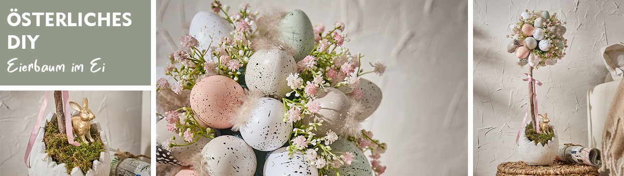 Selbstgemachter Eierbaum in einer Deko-Schale wird pr&auml;sentiert
