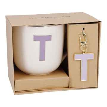 Becher Buchstabe mit Schlüsselanhänger, T/lila, 450 ml