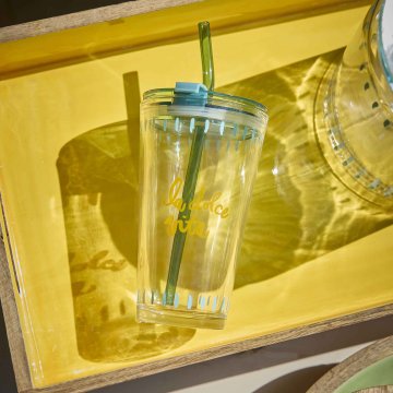 Glas mit Strohhalm, Spruch/La dolce vita/blau, 400 ml