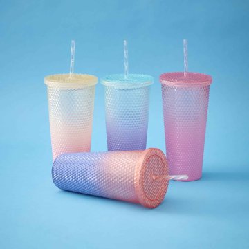 Becher mit Strohhalm, Struktur/peach/blau, 650 ml
