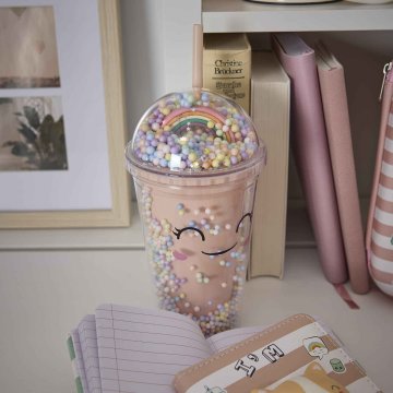 Becher Konfetti mit Strohhalm, pink, 350 ml