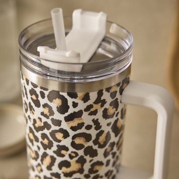 Iso-Becher mit Trinkhalm, Leo/weiß/schwarz/braun, 1.2 l