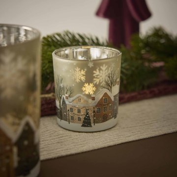 Teelichthalter Winter-Stadt, weiß/grau/braun, 7 x 8 cm