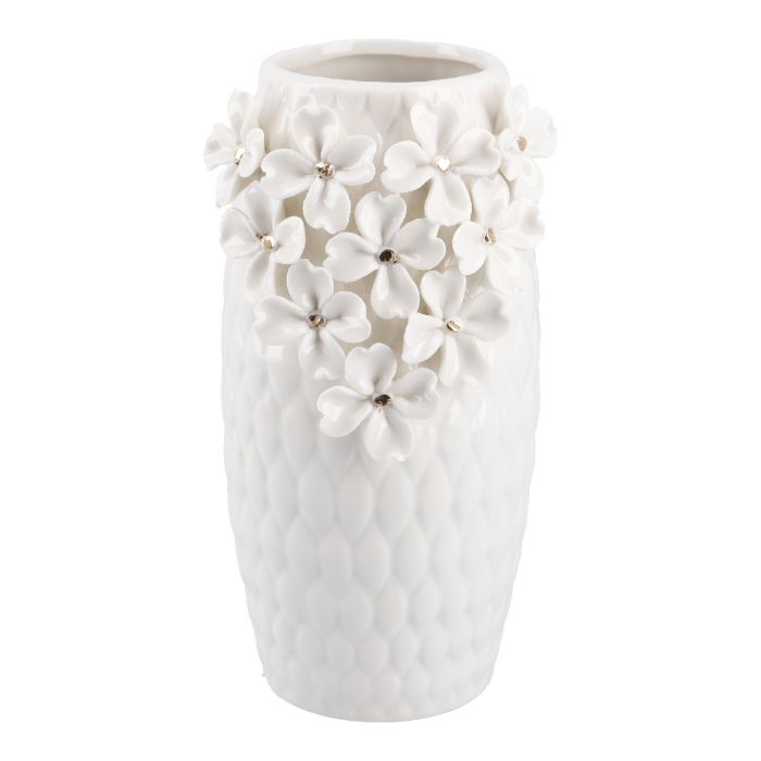 Vase Blüten, weiß/gold/breit, 15 cm
