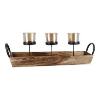 Teelichthalter-Trio auf Holztablett, 48 cm