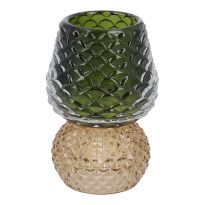 Teelichthalter Zapfen auf Fuß, dunkelgrün/hellbraun, 11 cm