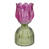 Teelichthalter Tulpe auf Sockel, pink/grün, 16 cm