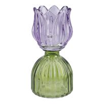 Teelichthalter Tulpe auf Sockel, lila/grün, 16 cm
