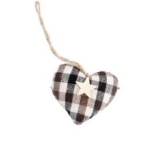 Anhänger Herz mit Holzstern, Karo/braun/schwarz