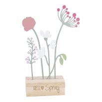 Blumen auf Holzfuß, weiß/pink/hellmint, 8 x 19 cm