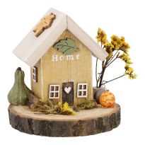 Deko-Haus Herbst auf Holzscheibe, gelb