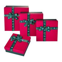 4er Set Geschenkkarton Schleife, dunkelgrün/rot