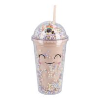 Becher Konfetti mit Strohhalm, pink, 350 ml