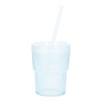 Glas mit Strohhalm, Rillen/türkis, 400 ml