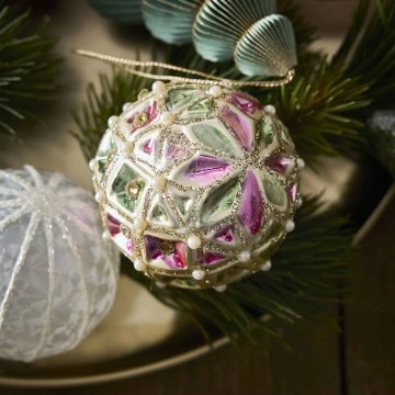 Kugel Harlekin/Perlen, rosa/grün, 8 cm