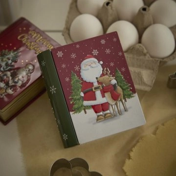 Keksdose Mini-Buch, Weihnachtsmann/Rentier, 10 x 12 cm