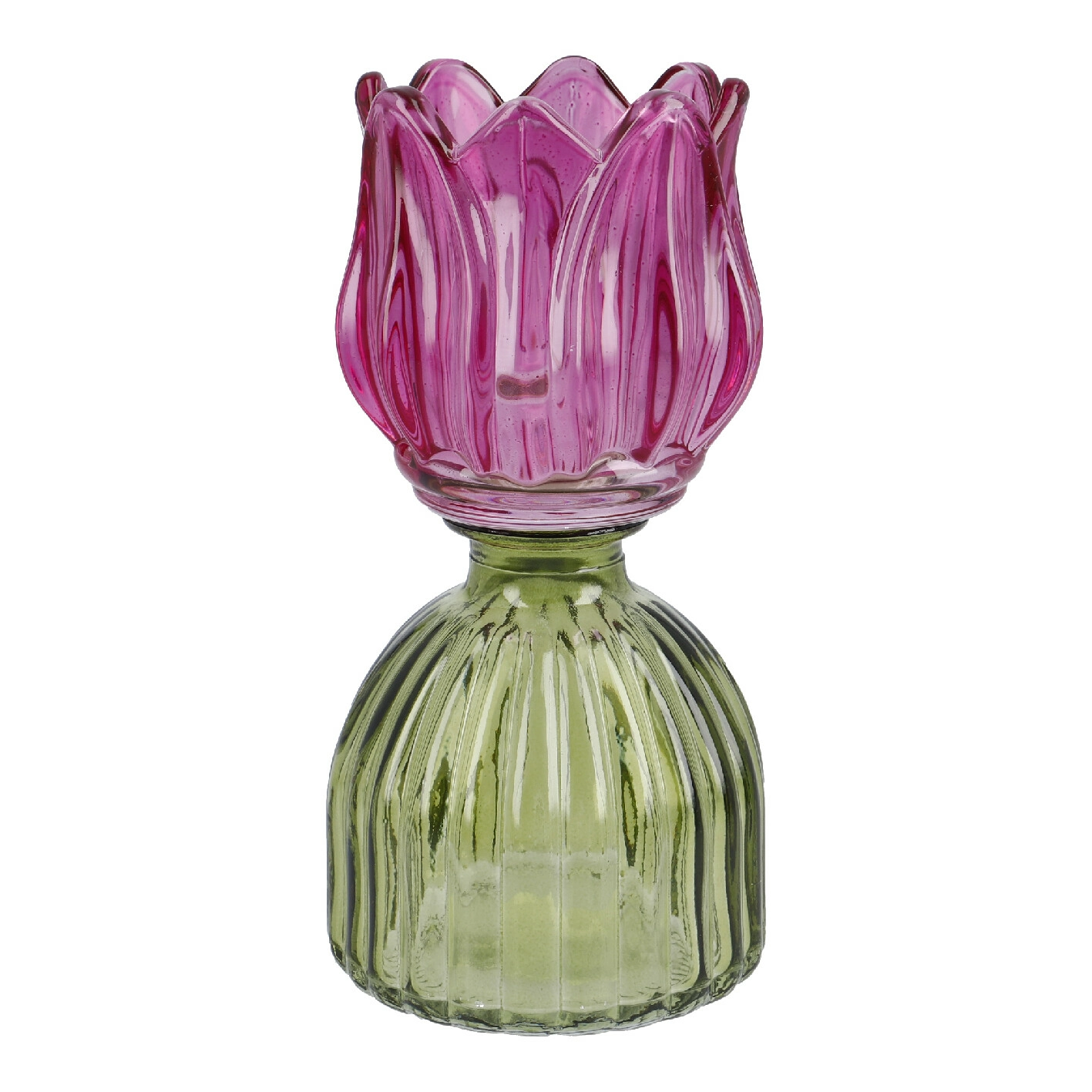 Teelichthalter Tulpe auf Sockel, pink/grün, 16 cm