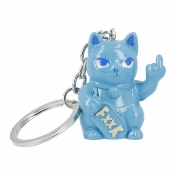 Schlüsselanhänger Katze mit Stinkefinger, blau