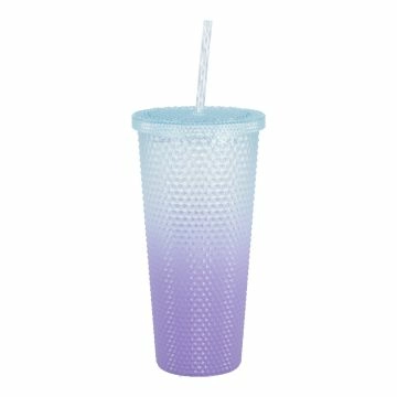 Becher mit Strohhalm, Struktur/blau/lila, 650 ml