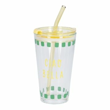 Glas mit Strohhalm, Spruch/Ciao bella/gelb/grün, 400 ml