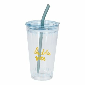Glas mit Strohhalm, Spruch/La dolce vita/blau, 400 ml