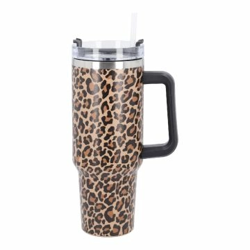 Iso-Becher mit Trinkhalm, Leo/hellbraun/braun/schwarz, 1.2 l