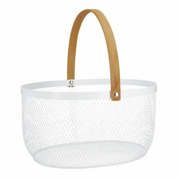 Korb mit Holzhenkel, oval/weiß, 29 cm