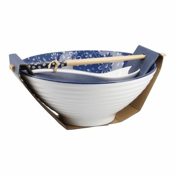 Schale mit Essstäbchen und Löffel, Blumen/dünn/blau