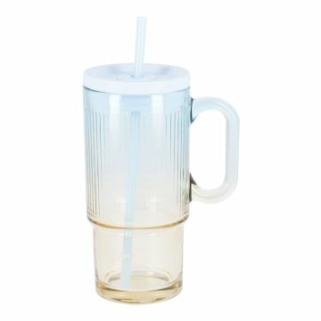 Trinkglas Rillen mit Strohhalm, blau/gelb, 650 ml