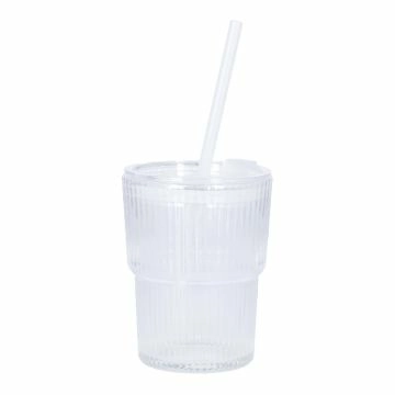 Glas mit Strohhalm, Rillen/klar, 400 ml