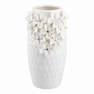 Vase Blüten, weiß/gold/breit, 15 cm