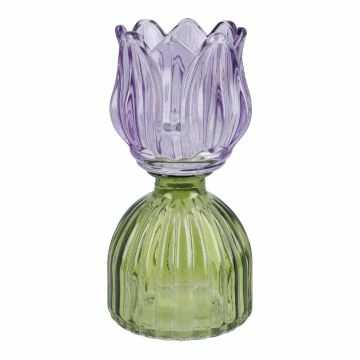 Teelichthalter Tulpe auf Sockel, lila/grün, 16 cm