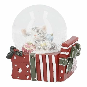 Schneekugel Katze auf Geschenk, grau, 8 x 8 cm