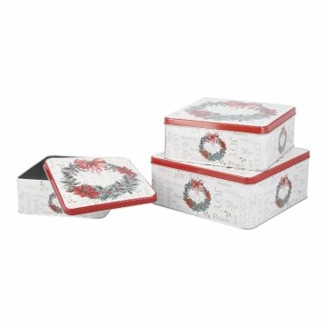 3er Set Keksdose Weihnachtskranz, beige/rot