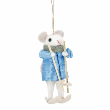 Anhänger Weihnachtstier, Maus/Ski, blau, 14 cm