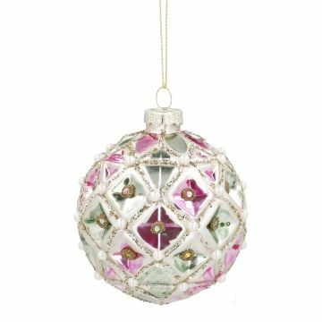 Kugel Harlekin/Perlen, rosa/grün, 8 cm