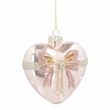 Anhänger Herz mit Schleife, Glitter/rosa, 10 cm
