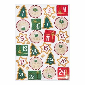 Adventskalender-Sticker, 24 Stk, Lebkuchen/rot