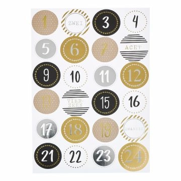 Adventskalender-Sticker, 24 Stk, Rund, gold/silber