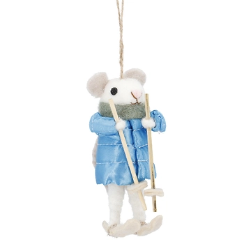 Anhänger Weihnachtstier, Maus/Ski, blau, 14 cm