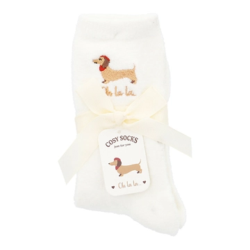 Kuschelsocken Stick-Motiv, Dackel/creme, Gr. 35-42