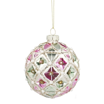 Kugel Harlekin/Perlen, rosa/grün, 8 cm