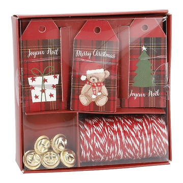 Geschenke-Set, karo-rot/weiß, Kordel/Anhänger/Glocke