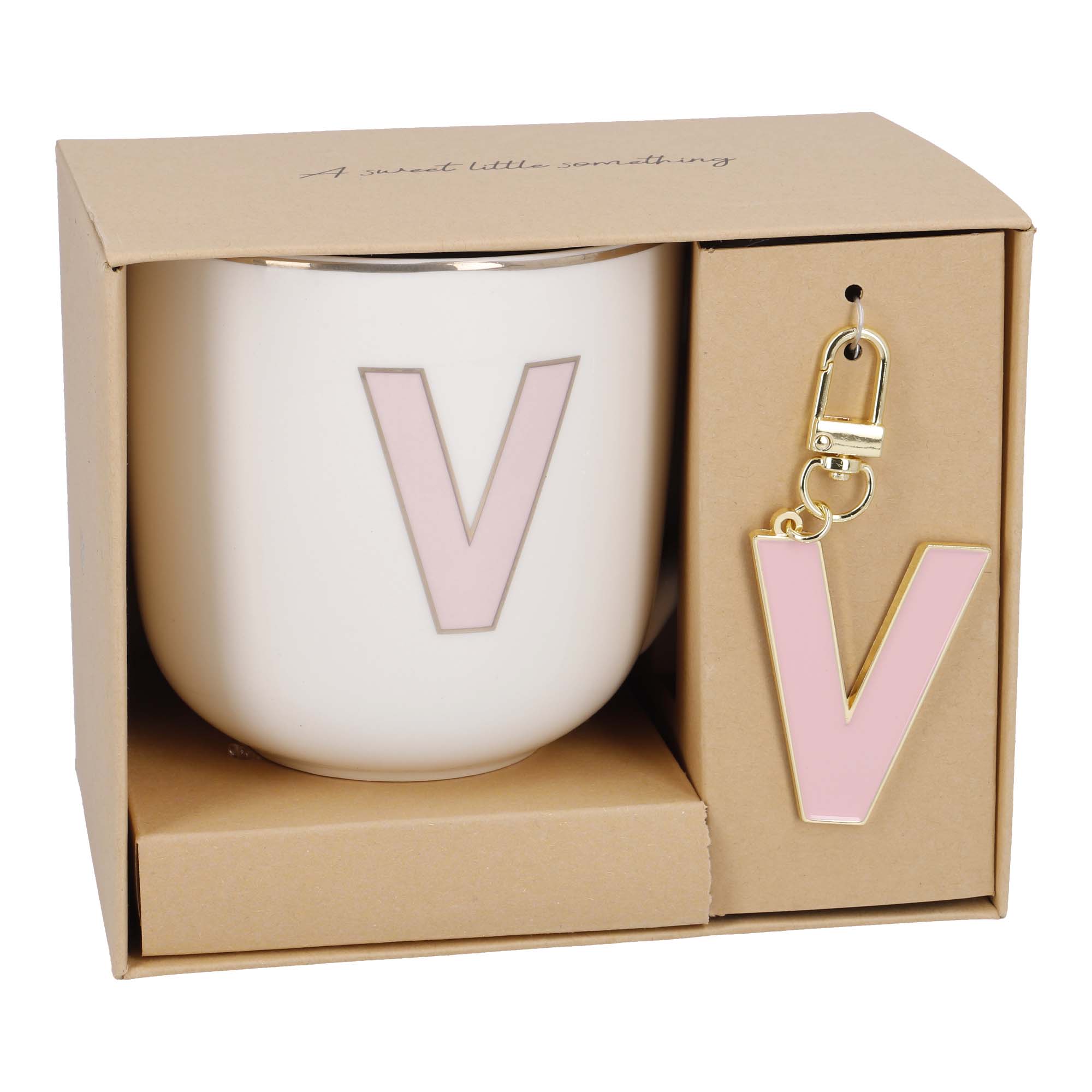 Becher Buchstabe mit Schlüsselanhänger, V/rosa, 450 ml