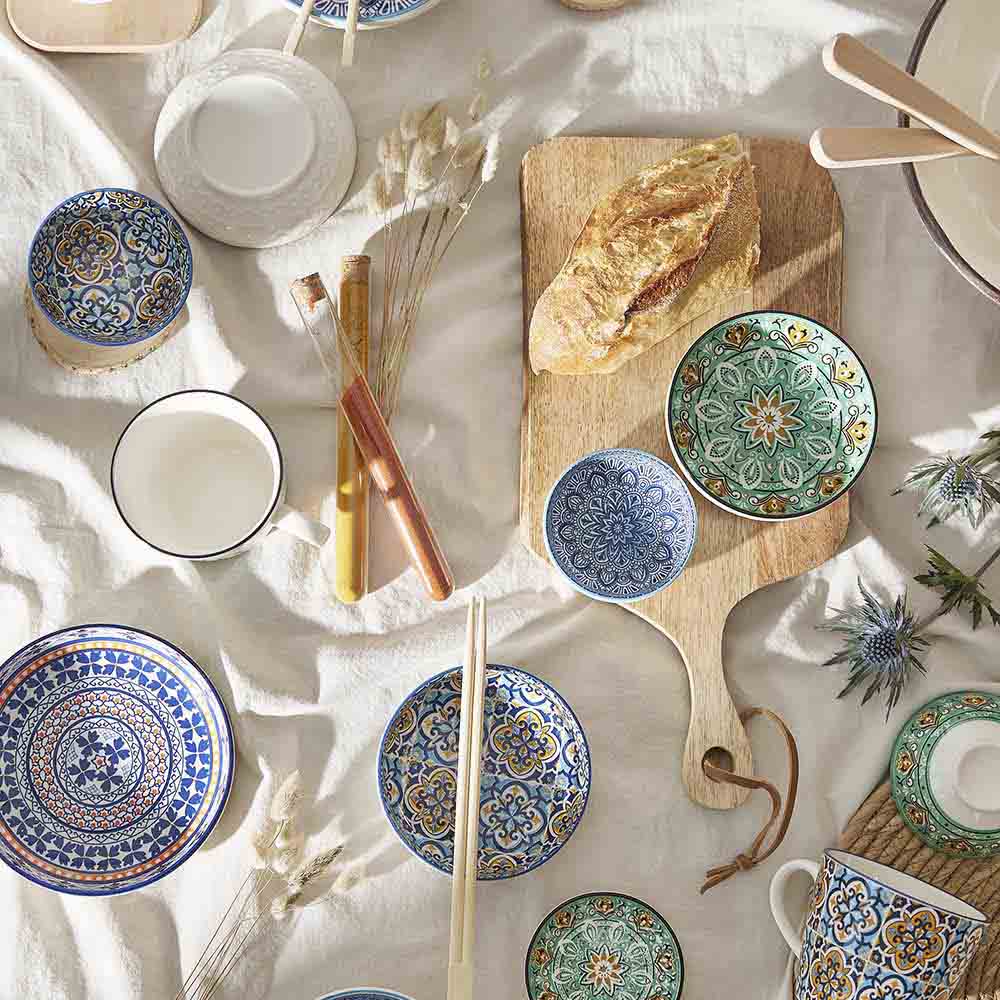 Schale China, flach, blau/gelb, 9 cm