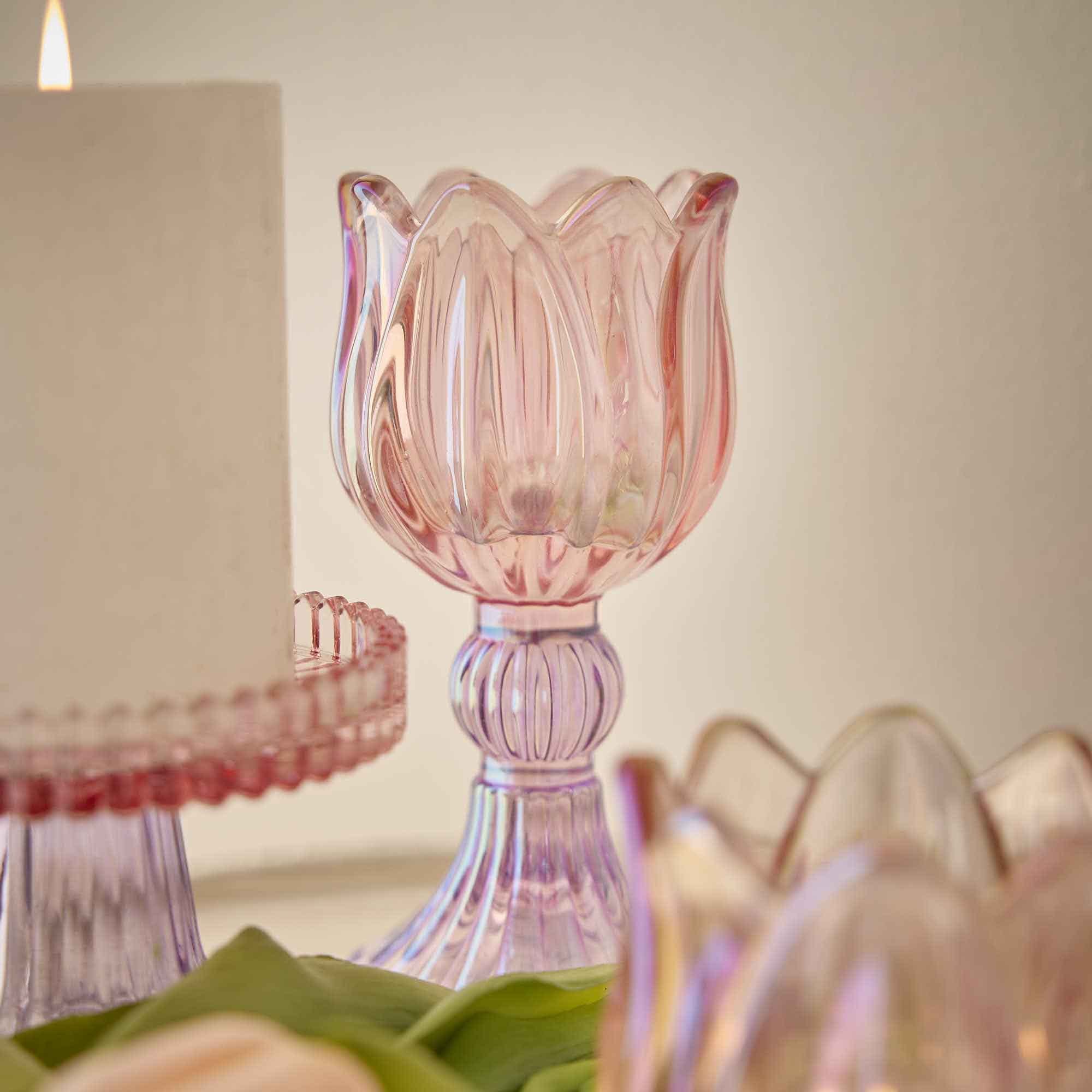 Teelichthalter Tulpe, irisierend/lila/rosa, 14 cm