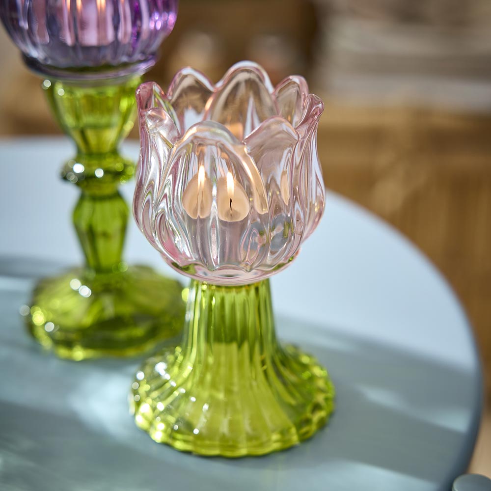 Kerzenständer Tulpe/Teelicht, rosa/grün, 14 cm