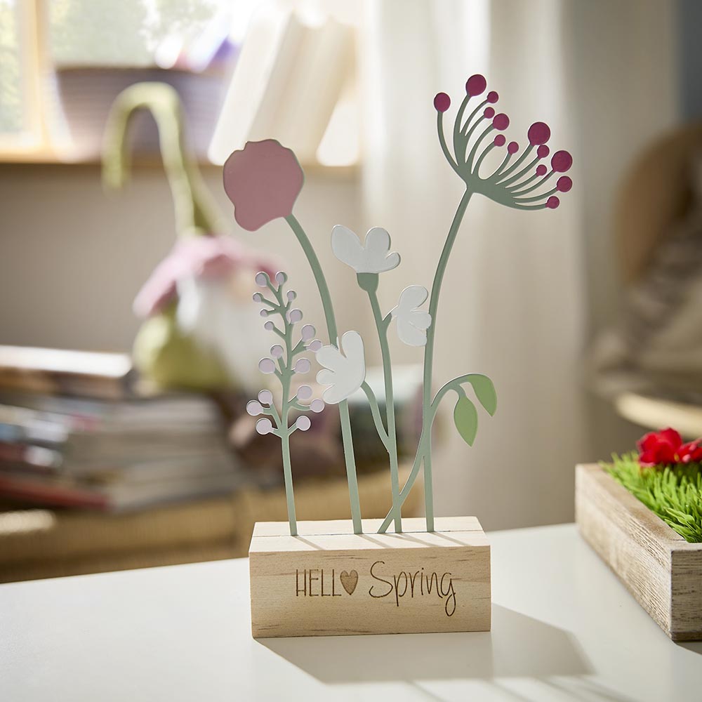 Blumen auf Holzfuß, weiß/pink/hellmint, 8 x 19 cm