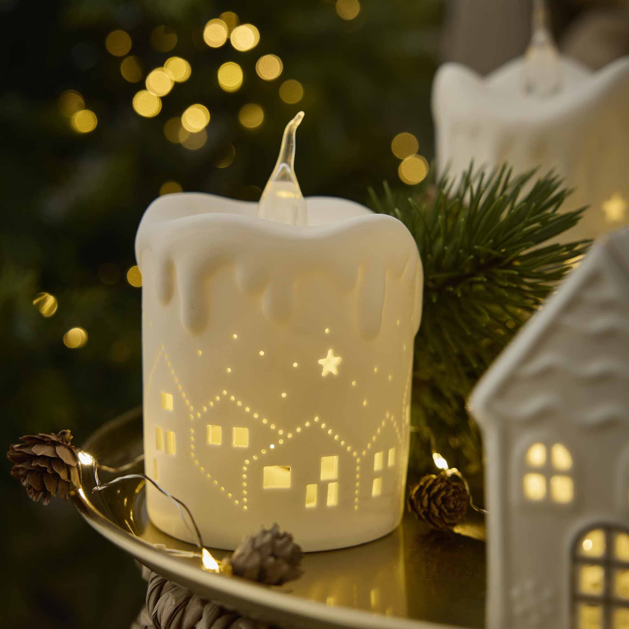 LED-Kerze Keramik, Haus, 14 cm