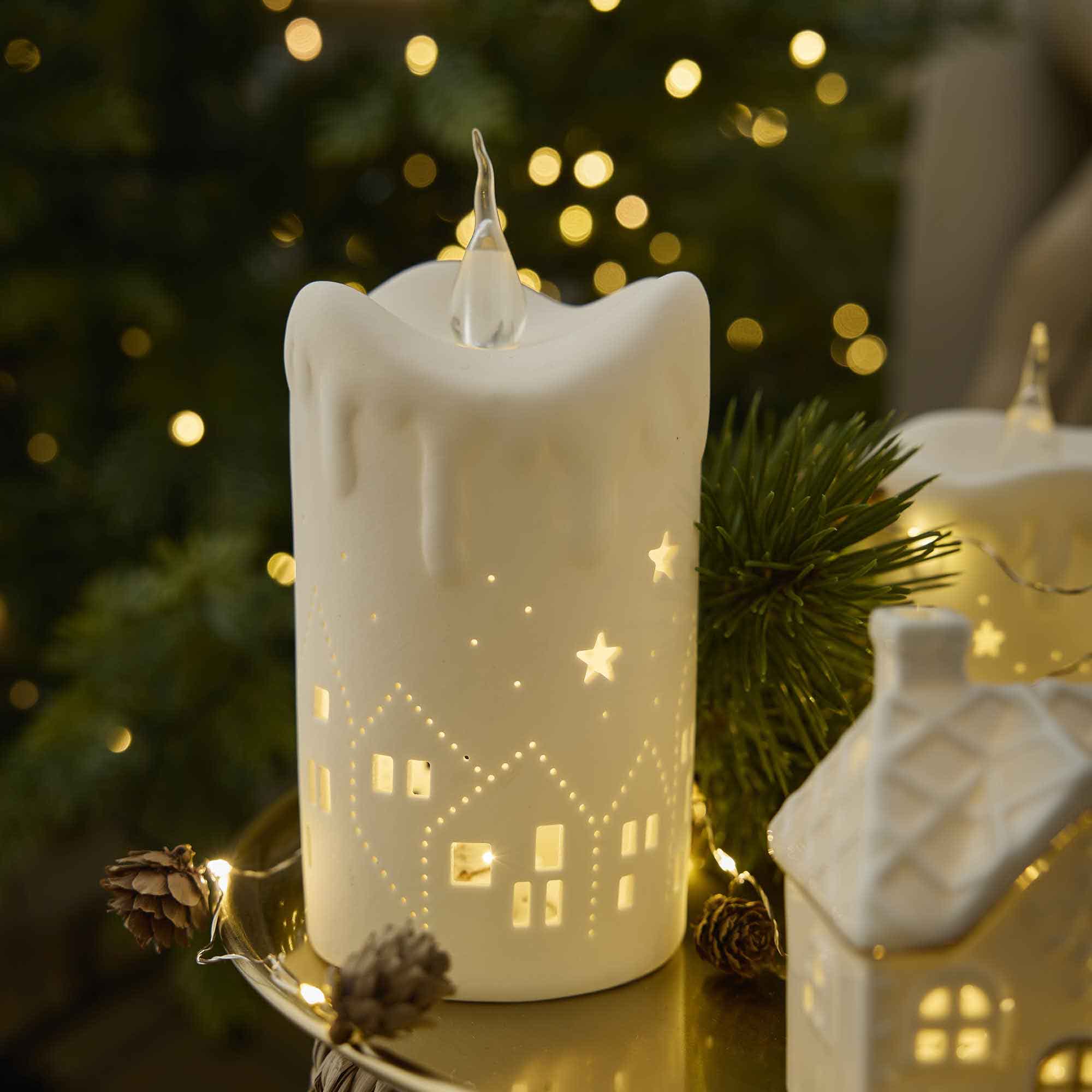 LED-Kerze Keramik, Haus, 18 cm